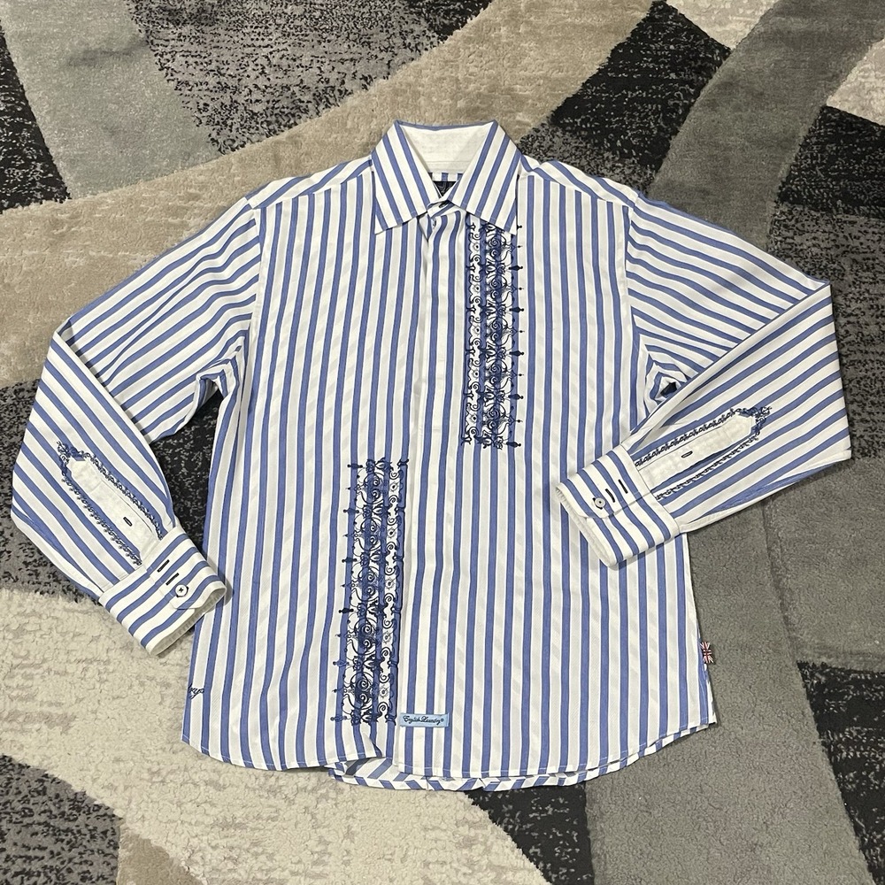 English Laundry Christopher Wicks Shirt Men L White Stripe Embroidery Hand Sewn‎